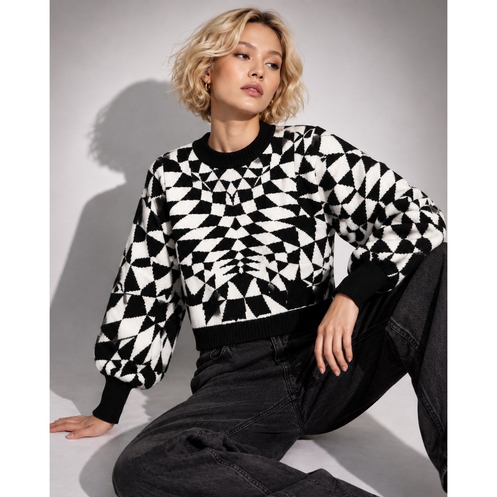Farm Rio Black White Graphic Geo Crop Sweater Size Small Puff Sleeve Wool Blend